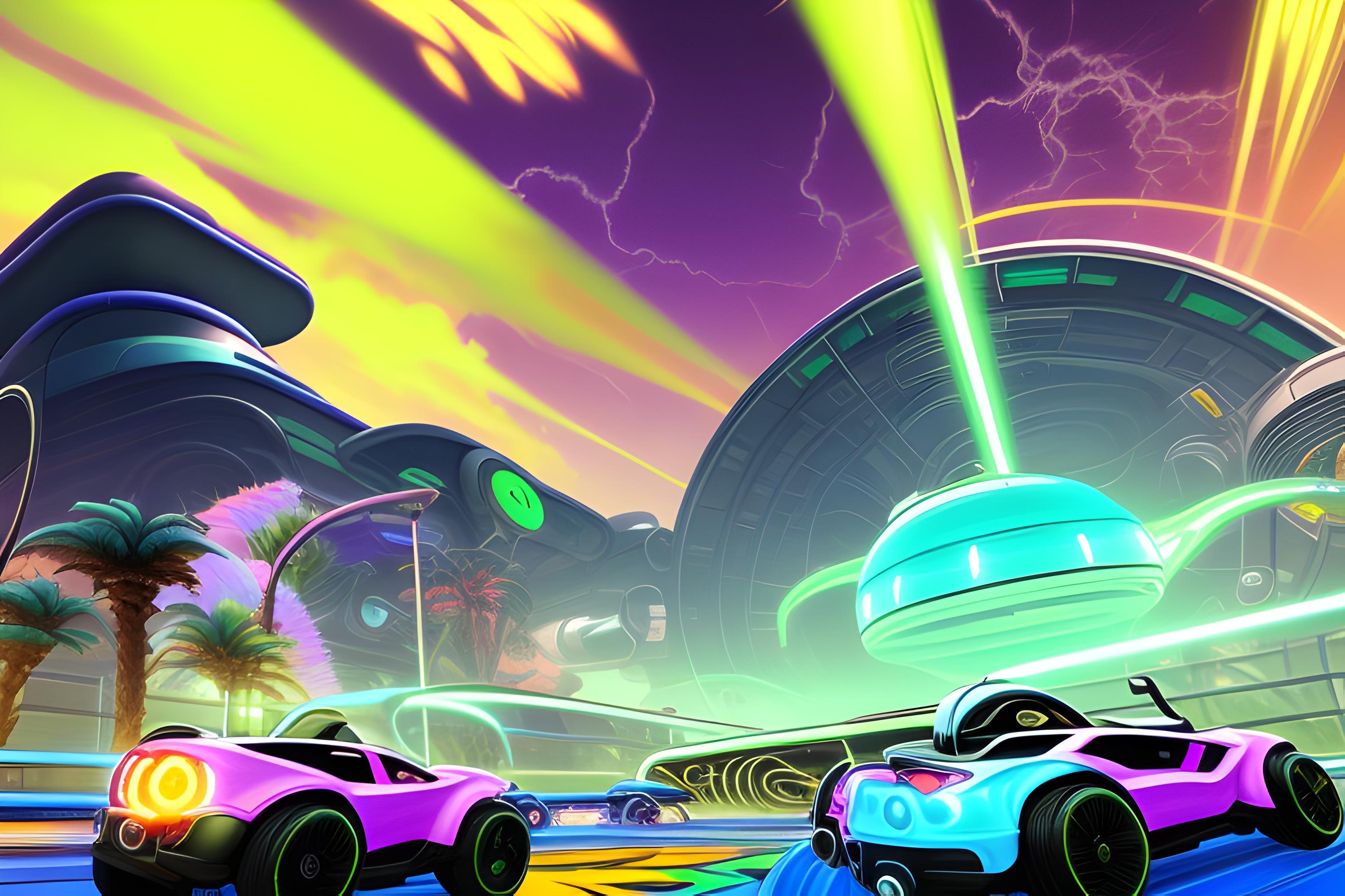 A stylized Rocket League Fennec car flying with boost in a vibrant illustrated scene, bold outlines…